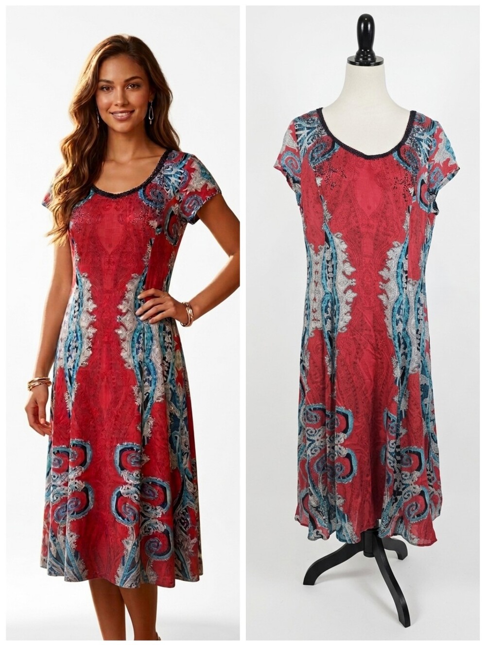 Boho Chic Red Paisley Print Rayon Midi Dress Cap Sleeve Beaded Women's Size 14